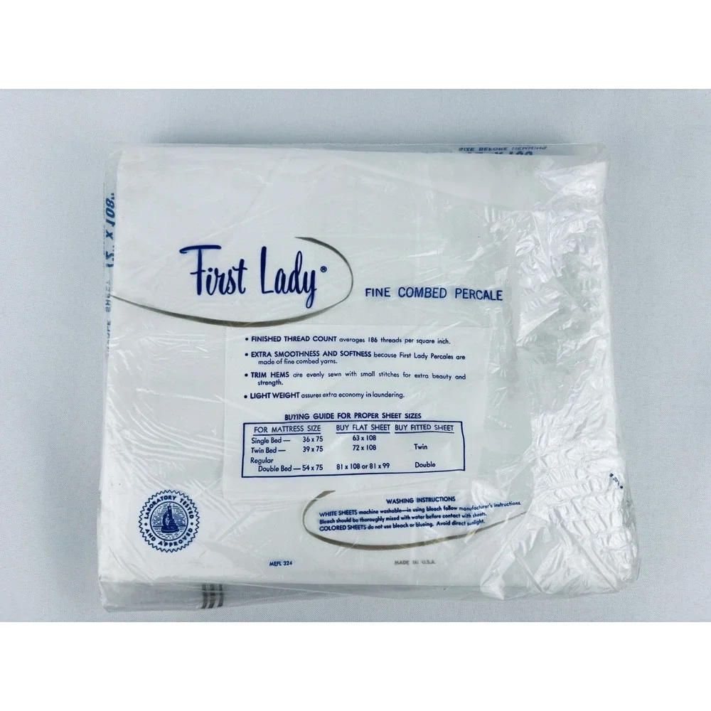 First Lady‎ Fine Combed Percale Twin Bed Flat Sheet 72 x108 White Vintage